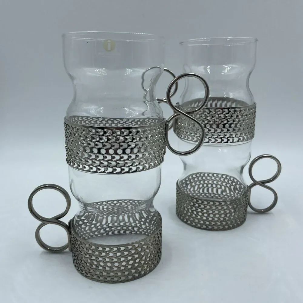 Set of FOUR Iittala Finland Tsaikka Glass w/ Metal Holder ~ Timo Sarpaneva